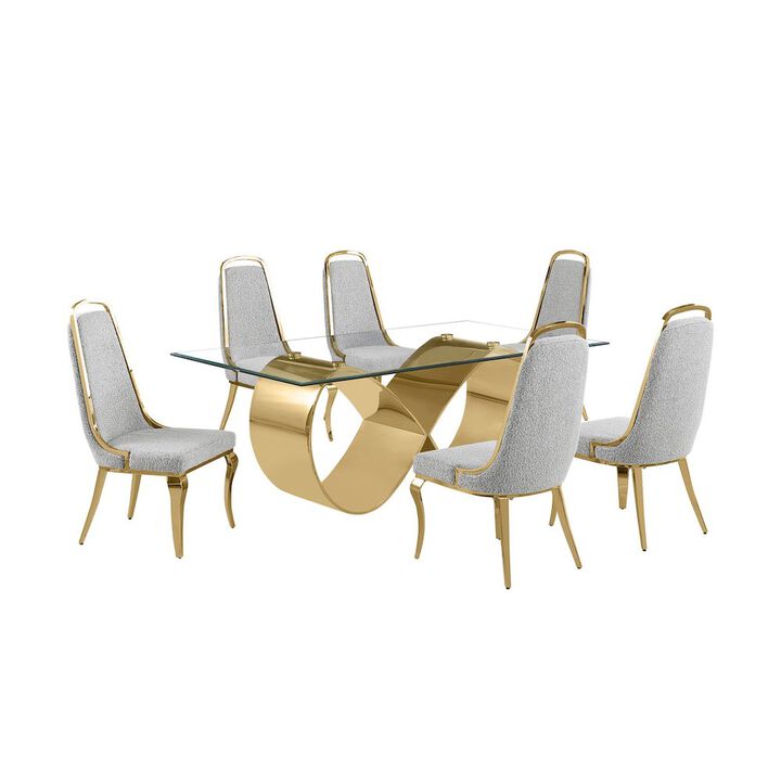Best Quality Furniture 7Pc Tempered Glass Dining Set 6 Rich Gray Boucle Side Chairs And A Gold Base
