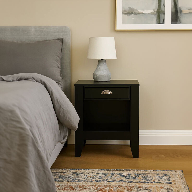 Crown Bedside Nightstand, 21 Inch, 1 Drawer and Open Shelf, Black MDF