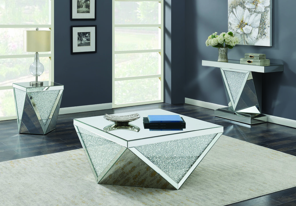 Coaster Furniture Square Triangle Detailing Silver and Clear Mirror End Table 722507