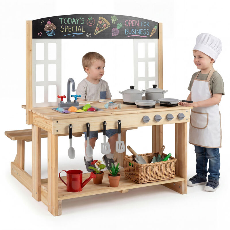 Kids Pretend Play Kitchen Set with Bench and Accessories image number 3