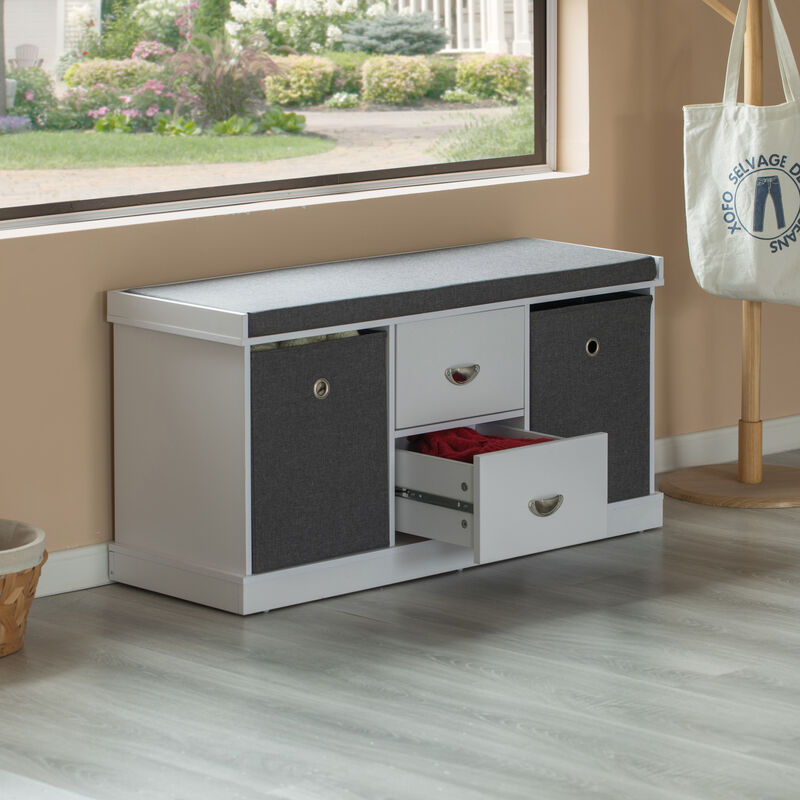 White Shoe Storage Bench with Wooden Frame, 2 Drawers, Foldable Baskets, and Comfortable Gray Cushion for Entryway, Hallway, or Bedroom Organization
