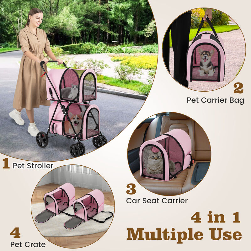 4-in-1 Double Pet Stroller with Detachable Carrier and Travel Carriage