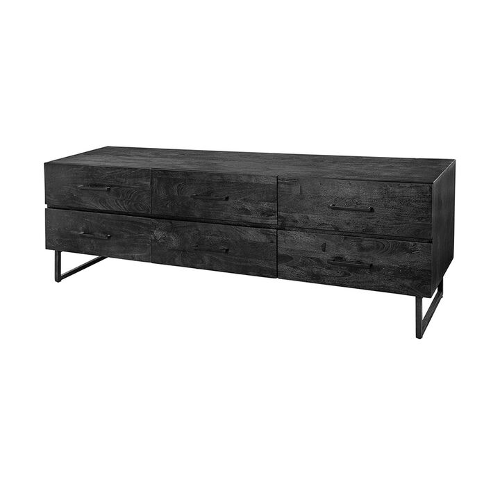 87 Inch Sideboard Cabinet, 6 Drawers, Iron Legs and Handles, Wood, Black