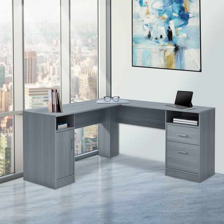 Functional L-SHAPED Desk with Storage, Grey