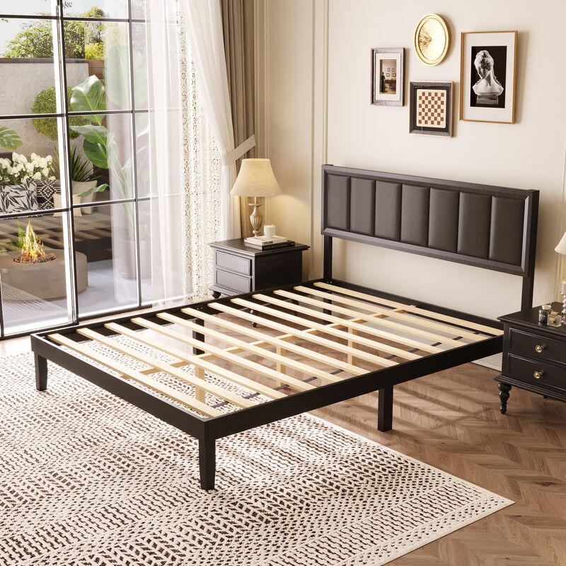FUFU&GAGA Modern Upholstered Solid Wood Bed Frame in Black, Rubberwood Platform Bed with Padded Linen Headboard and Plywood Slats, Queen Size, (82" L x 63.3" W x 40.9" H),Black