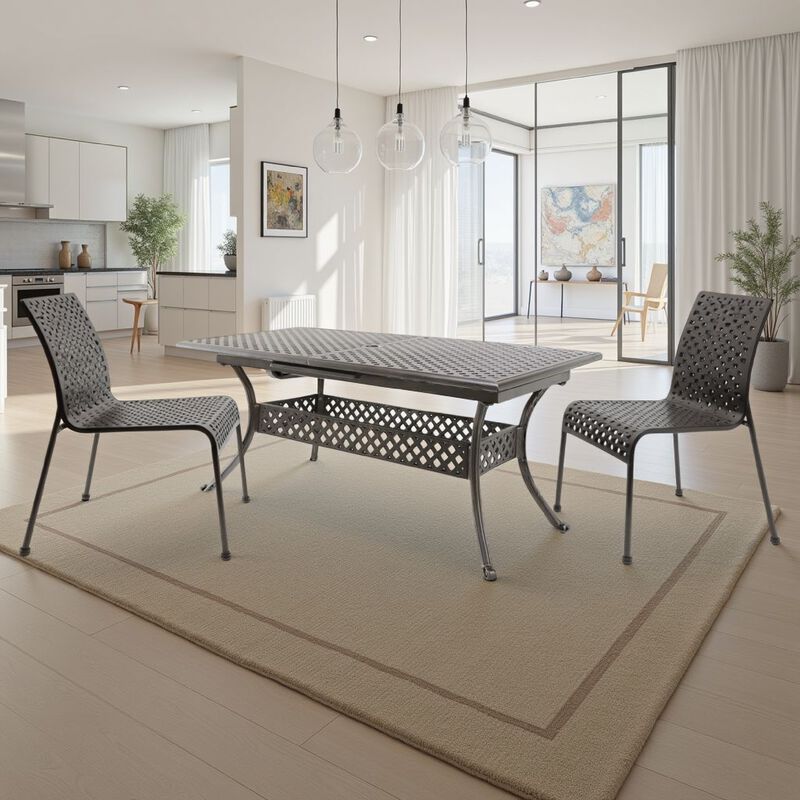 Dining Table, 64-82 Inch Extendable Acacia Wood Top, Aluminium, Dark Brown - Benzara