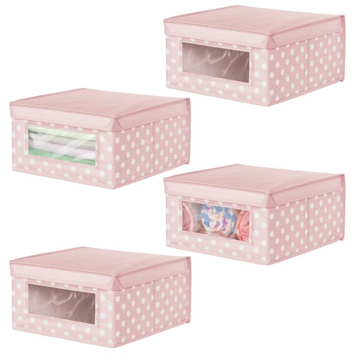 mDesign Medium Fabric Nursery Box with Lid/Window, 4 Pack, Pink/White Polka Dot
