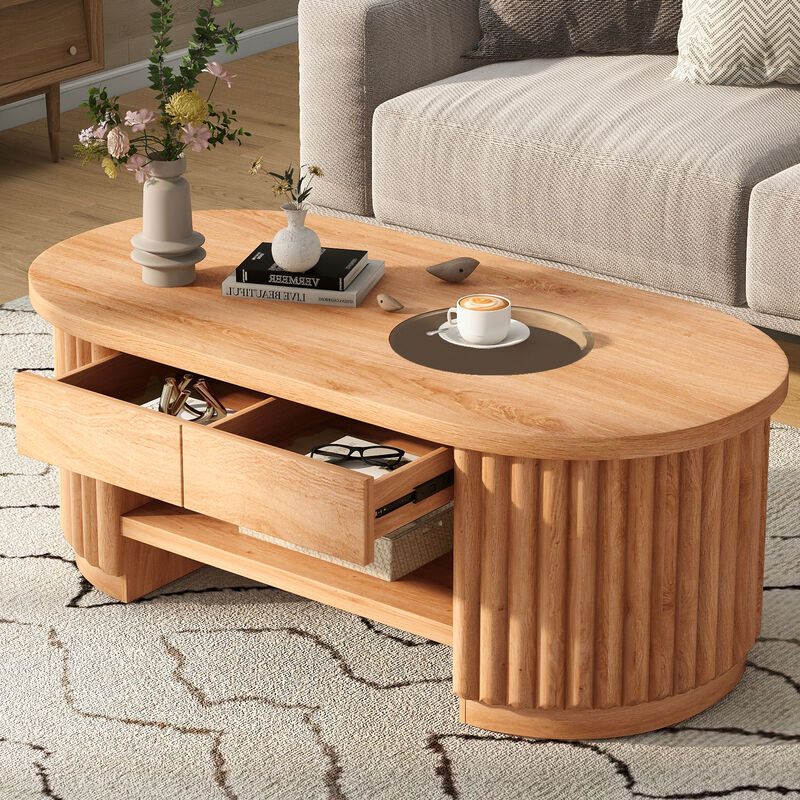 Merax Fluted Oval Coffee Table with 2 Pull-Out Side Drawers, Heat/Scratch-Resistant Glass Insert image number 1