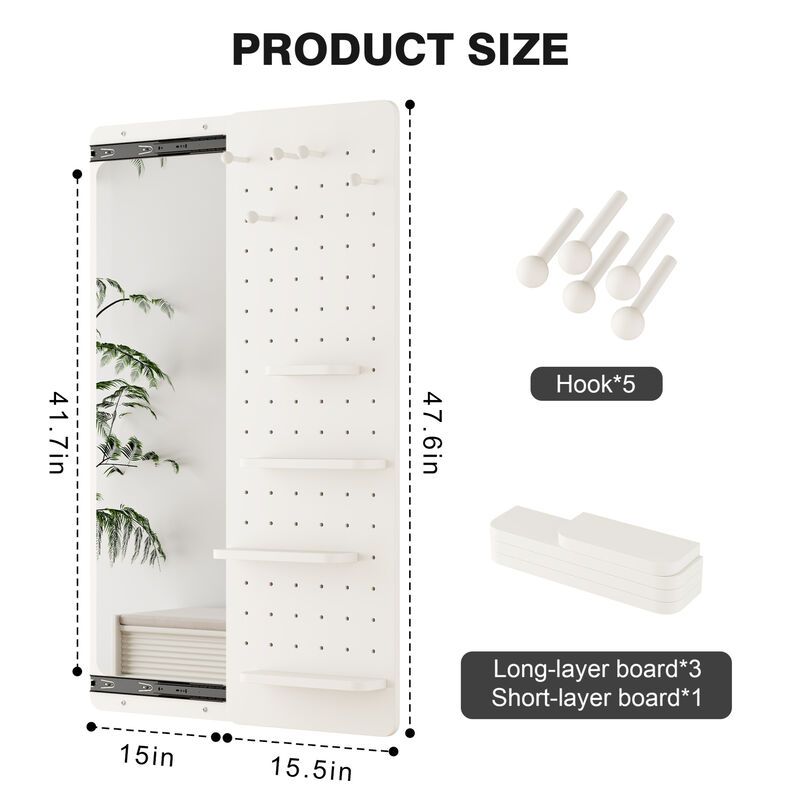 ELEMENT ACE Wall-Mounted Full Length Mirror with Sliding Panel, Multi-Functional Storage Shelves & Hooks, Space Saving for Bedroom, Living Room, Entryway image number 2