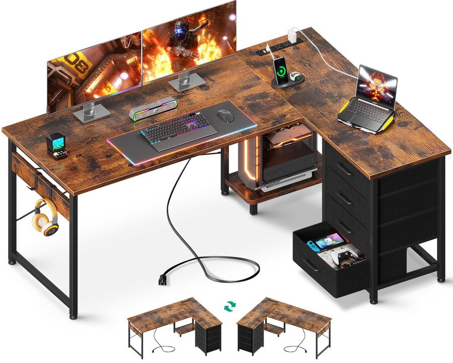 AODK L Shaped Desk with 4 Tier Drawers, 53 Reversible Gaming Desk with Power Outlets, L Shaped Computer Desk with USB Charging