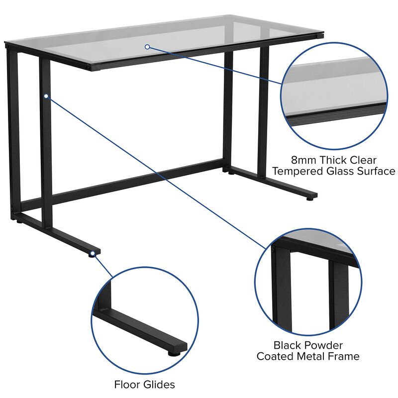 Flash Furniture Singleton Glass Desk with Black Pedestal Metal Frame