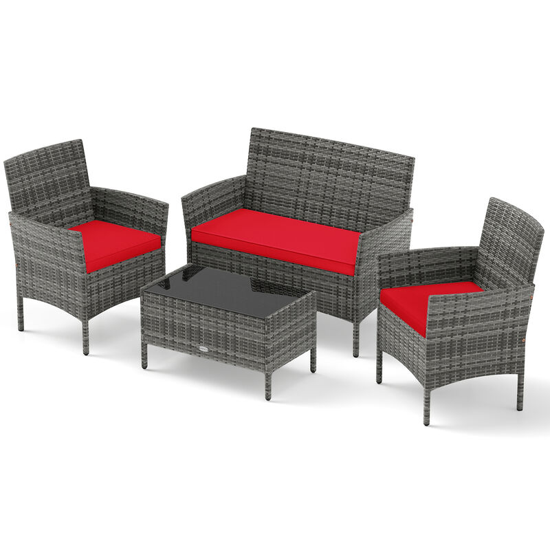 4-Piece Patio Rattan Conversation Set with Cushioned Seats and Tempered Glass Table image number 0