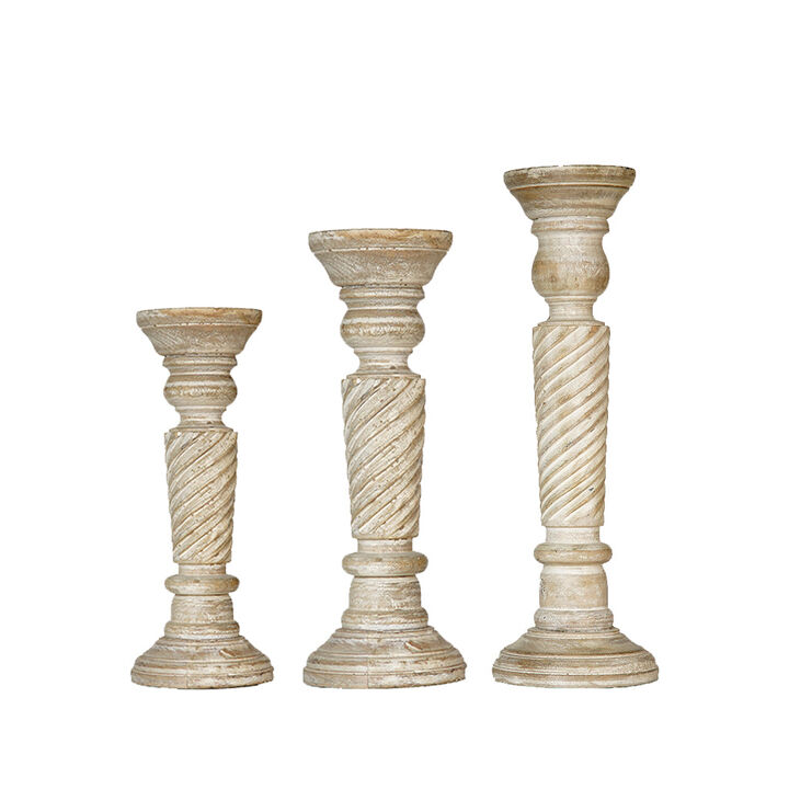 Traditional Antique White Eco-friendly Handmade Mango Wood Set Of Three 9",12" & 15" Pillar Candle Holder BBH Homes