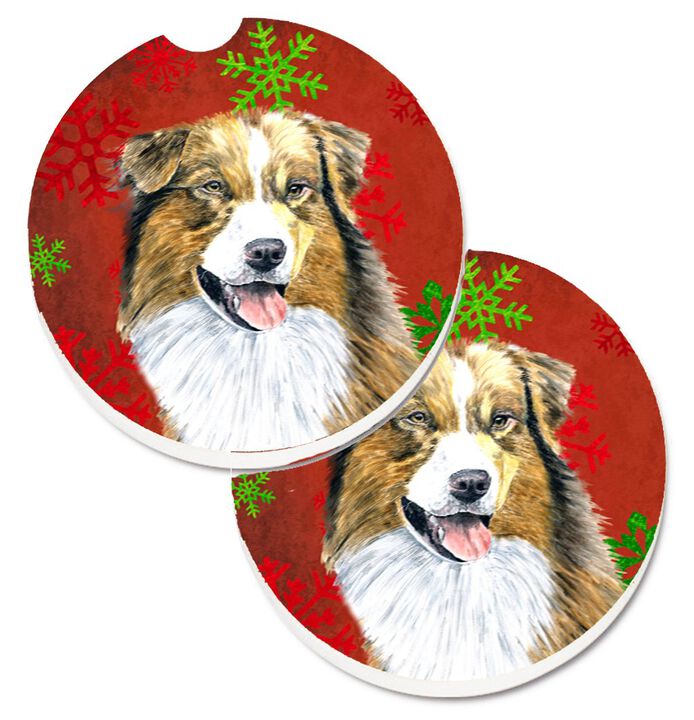 Caroline's Treasures Australian Shepherd Red green Snowflakes Christmas Set of 2 Cup Holder Car Coasters SC9437CARC, 2.56, Multicolor