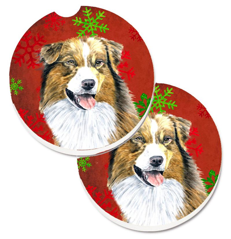 Caroline's Treasures Australian Shepherd Red green Snowflakes Christmas Set of 2 Cup Holder Car Coasters SC9437CARC, 2.56, Multicolor image number 0