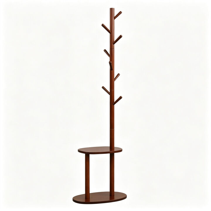 Freestanding Wood Coat Rack with 8 Hooks and 2 Shelves for Home Storage