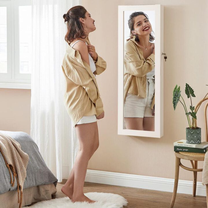 Hivvago Lockable Wall Mount Mirrored Jewelry Cabinet with LED Lights