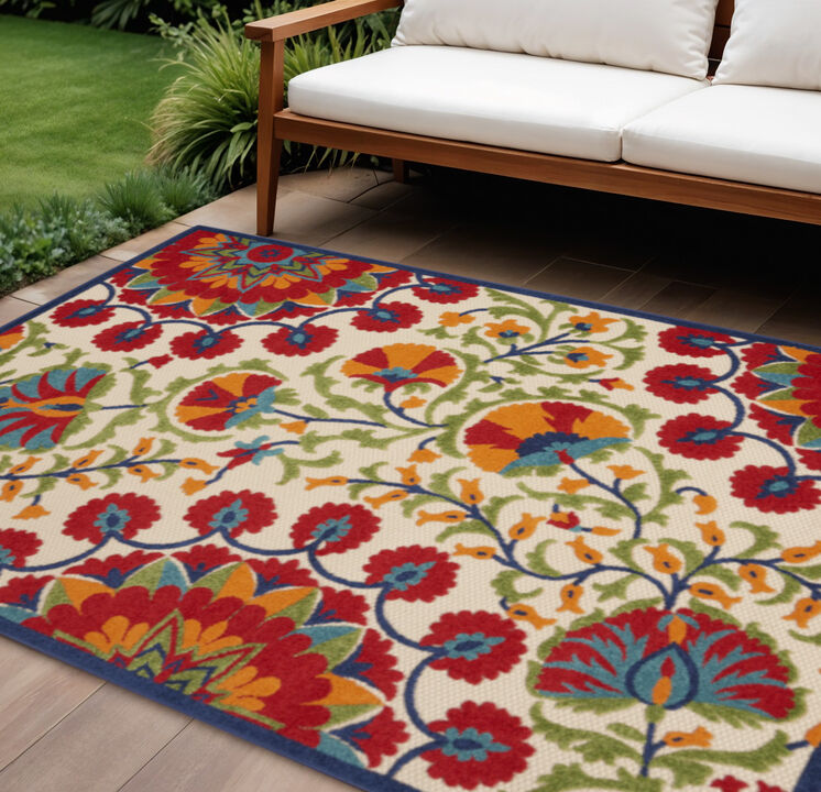HomeRoots 8' X 11' Navy Blue Beige Green Blue And Red Floral Indoor Outdoor Area Rug