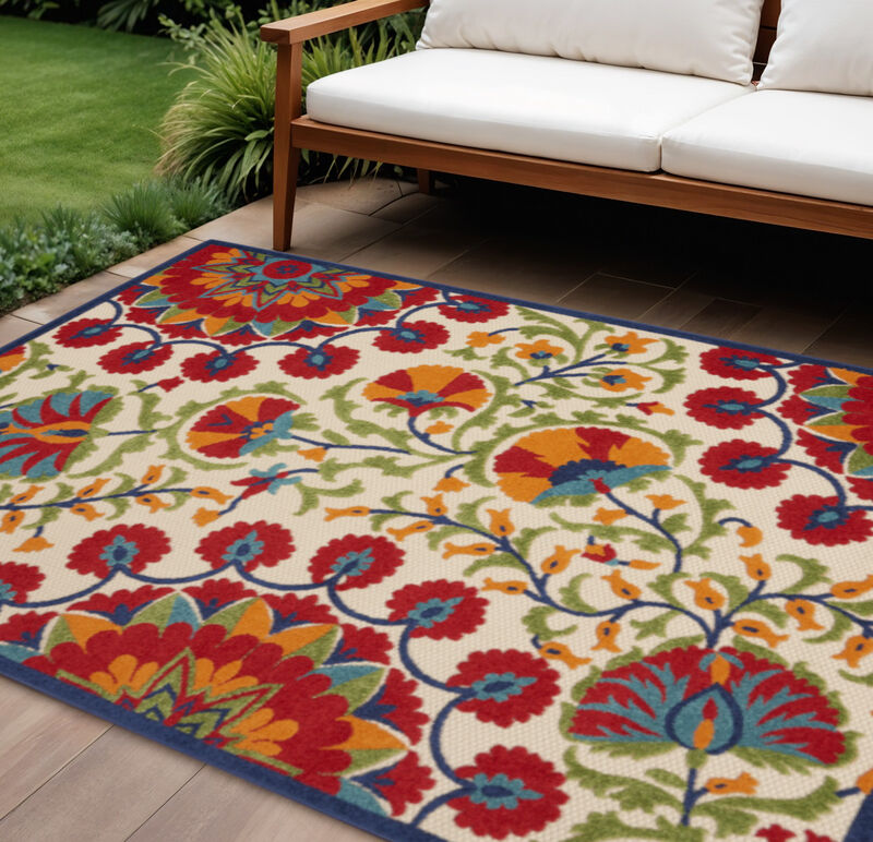 HomeRoots 8' X 11' Navy Blue Beige Green Blue And Red Floral Indoor Outdoor Area Rug image number 1