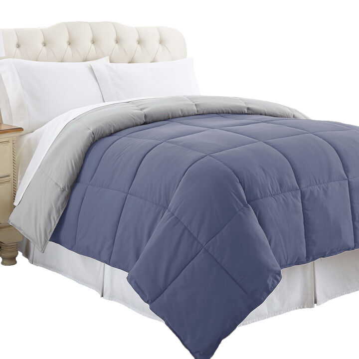 Genoa Reversible King Comforter with Box Quilted The Urban Port, Silver and Blue-Benzara