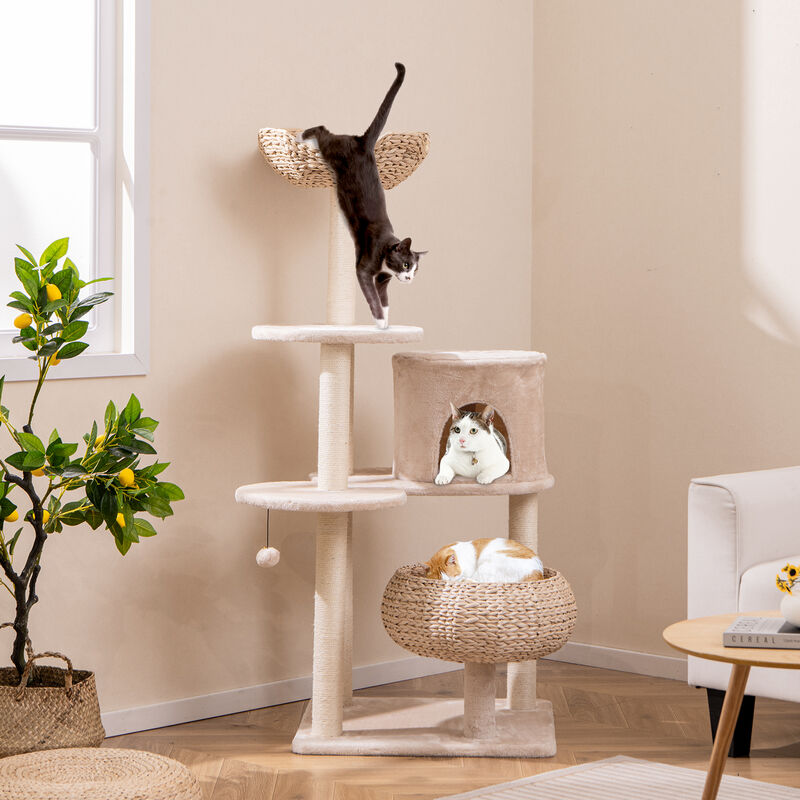 59" Cattail Cat Tower with Sisal Scratching Posts, Soft Hammock & Cozy Perches