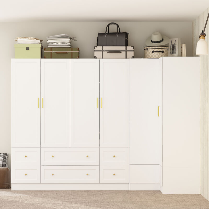 FUFU&GAGA White Corner Storage Cabinet with 3 Cabinets & 6 Drawers, PB Board Construction, Gold Handles, Space-Saving Wardrobe Organizer (97.6 x 19.7 x 70.9 in)