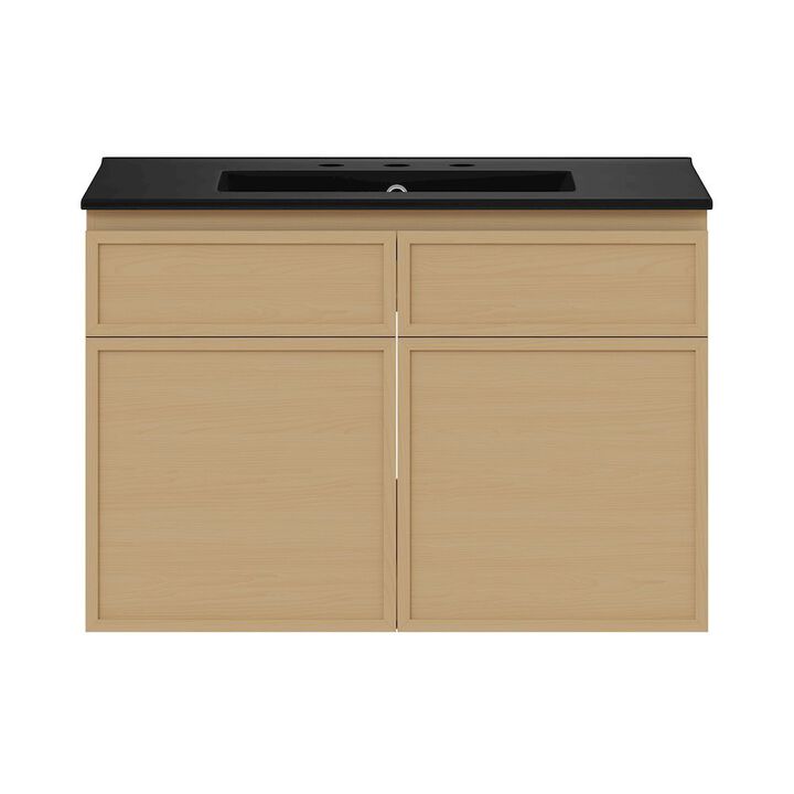 30" Wall-Mounted Bathroom Vanity, Natural Oak, Black 3-Hole Widespread Sink Top
