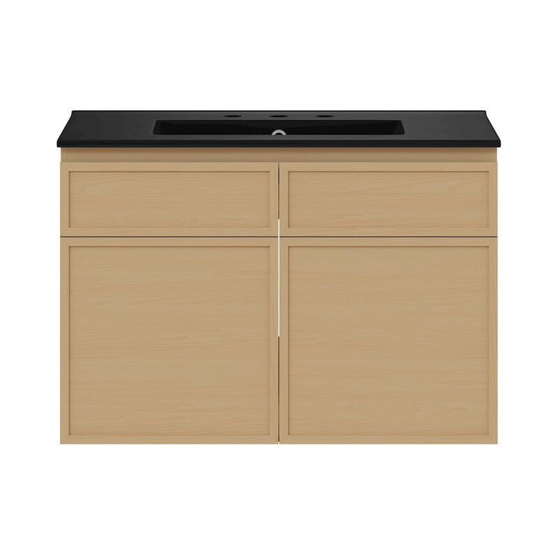 30" Wall-Mounted Bathroom Vanity, Natural Oak, Black 3-Hole Widespread Sink Top image number 0