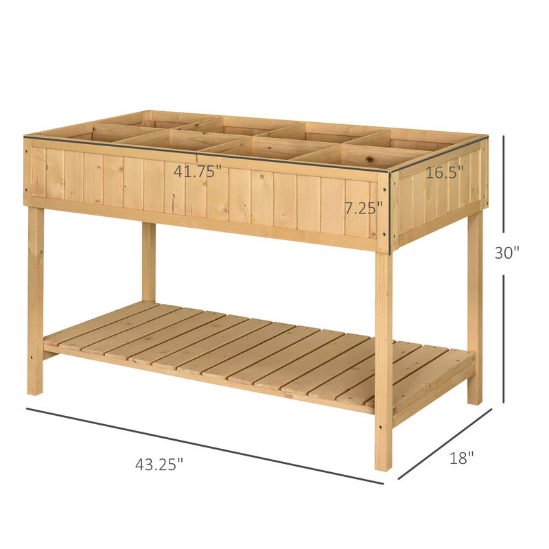 Outsunny Raised Garden Bed with 8 Pockets and Shelf, Wooden Elevated Planter Box with Legs to Grow Herbs, Vegetables, and Flowers, Natural