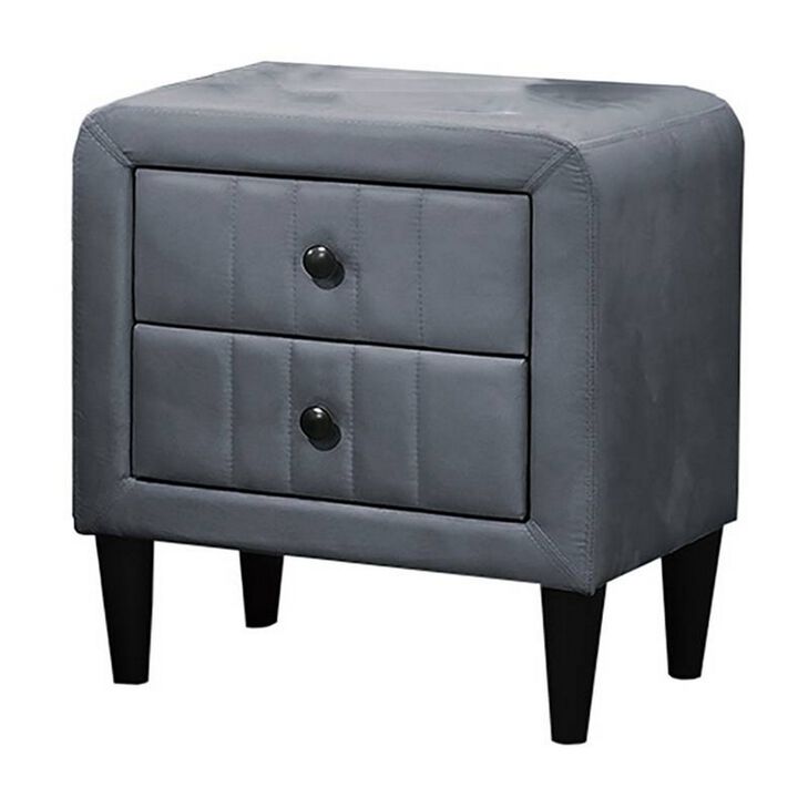 Rheo Nightstand, 2 Drawers, 22 Inch Upholstered in Dark Gray Velvet - Benzara