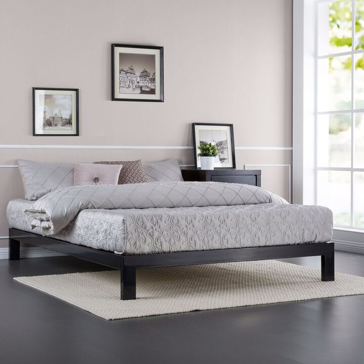 QuikFurn Full size Contemporary Black Metal Platform Bed with Wooden Slats