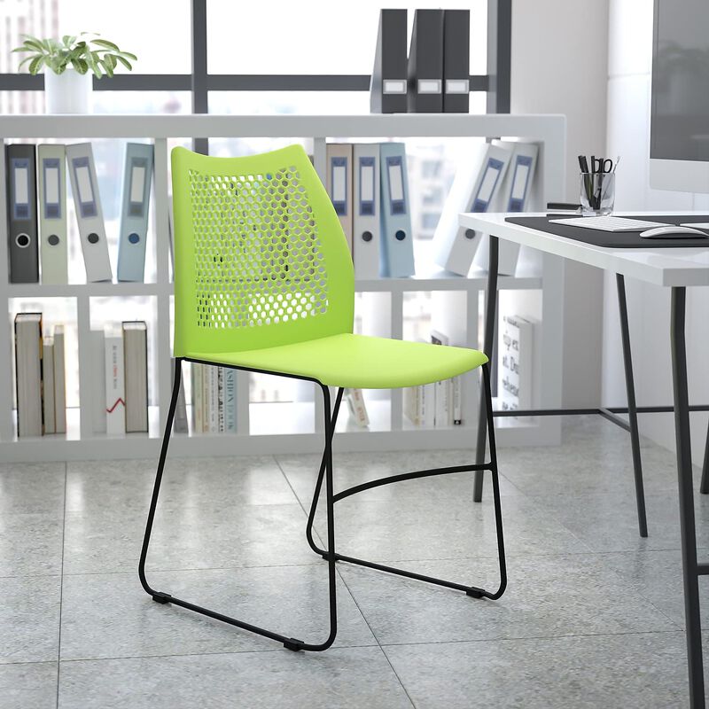 Flash Furniture HERCULES Series 661 lb. Capacity Green Stack Chair with Air-Vent Back and Gray Powder Coated Sled Base