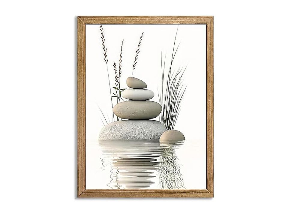 Calming Zen Stone Framed Wall Art Serene Rock Balance Water Reflection Reeds Spa