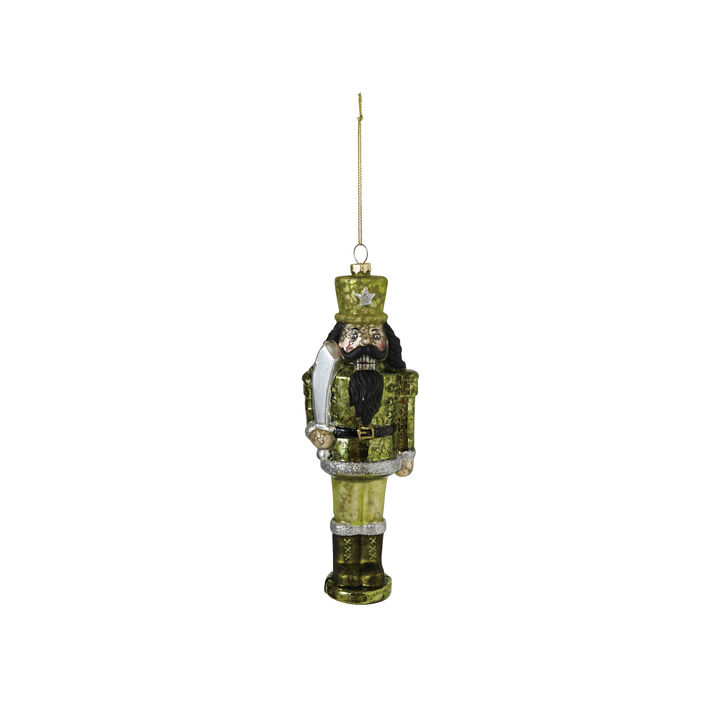 Green Glass Soldier Ornament with Glittered Silver Detailing