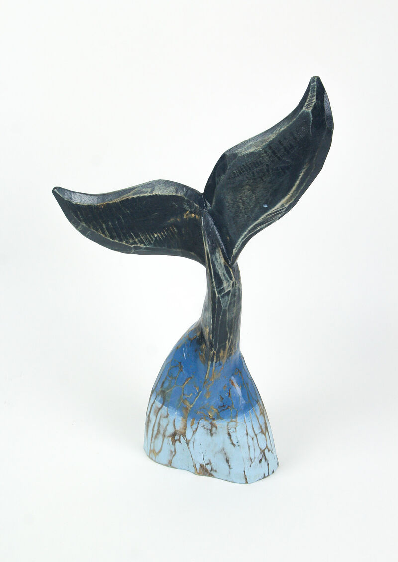 Coastal Blue Carved Wooden Whale Tail Tabletop Statue 16 Inches High image number 2