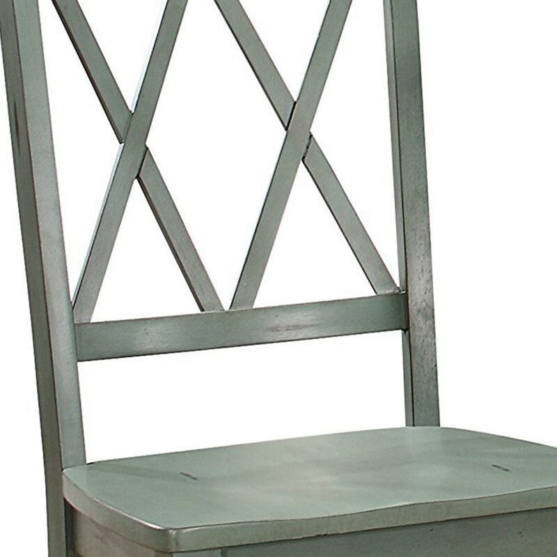 Pine Veneer Side Chair With Double X Cross Back, Teal Blue, Set of 2-Benzara