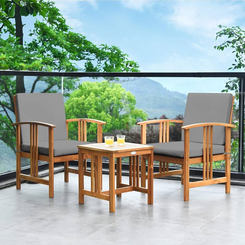 3-Piece Solid Wood Outdoor Patio Furniture Chairs Table Set with Cushions