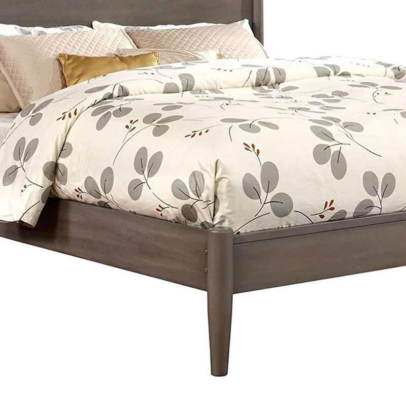 Mid Century Modern Wood Queen Bed with Round Tapered Legs, Gray-Benzara
