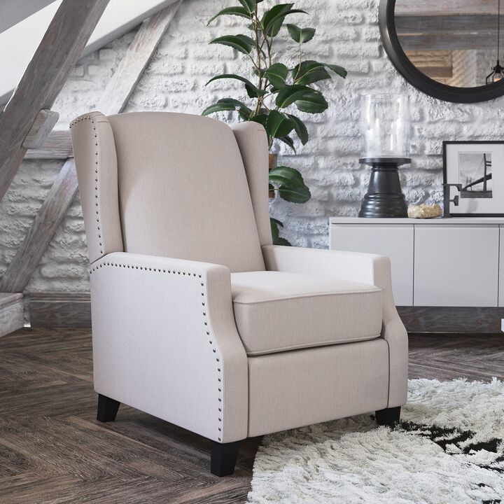 Flash Furniture Prescott Slim Wingback Recliner Chair - Traditional Push Back Recliner - Cream Polyester Fabric with Accent Nail Trim - Pocket Spring Seat