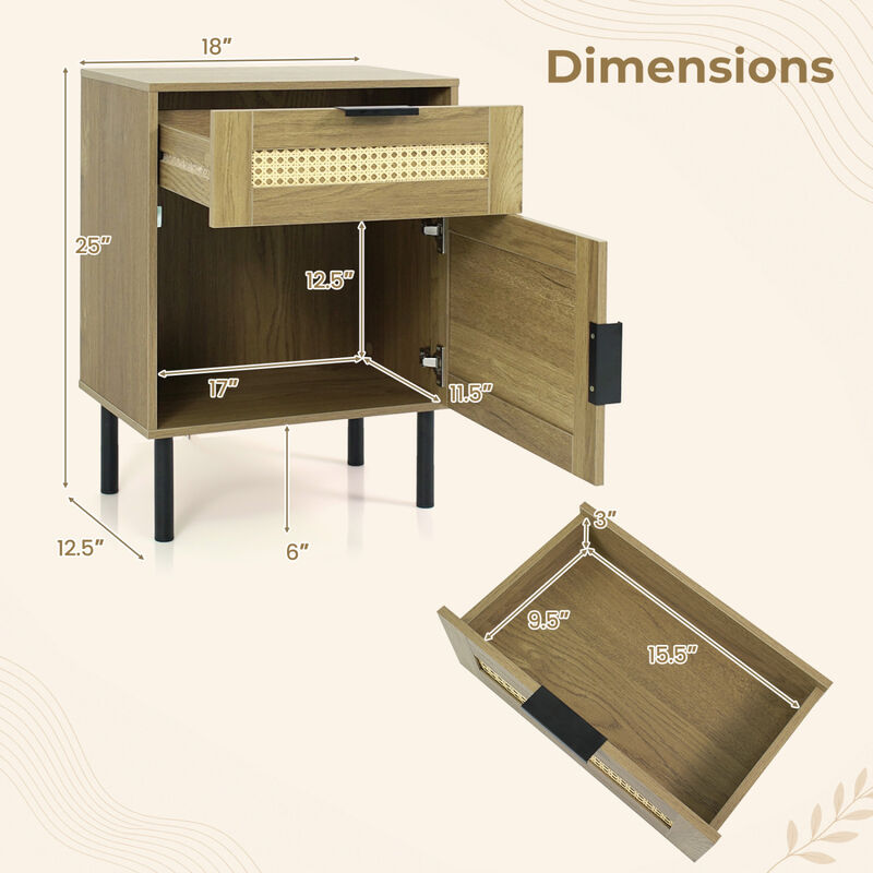 Rattan Nightstand with Drawer and Storage Cabinet for Bedroom and Dorm image number 2