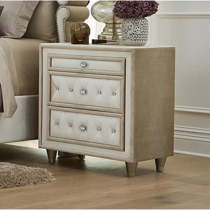 Coaster Home Furnishings 3 Drawers Velvet Nightstand, Ivory and Camel