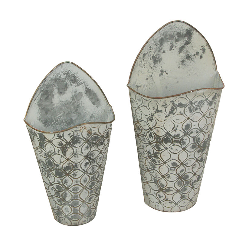 Antiqued Gray Enamel Painted Embossed Metal Wall Pockets Set of 2 image number 0