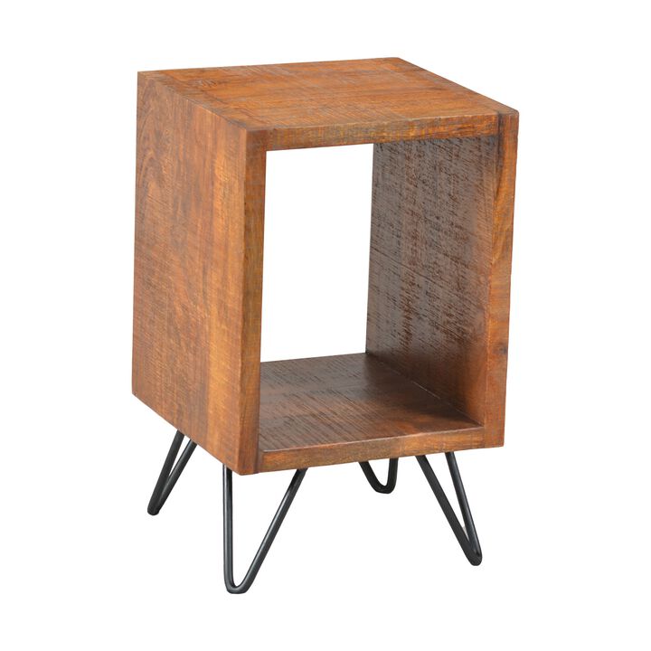 22 Inch Textured Cube Shape Wooden Nightstand with Angular Legs, Brown and Black- Benzara