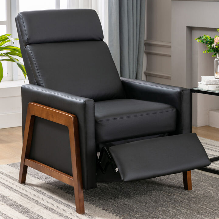 Wood Framed PU Leather Recliner Chair Adjustable Home Theater Seating with Thick Seat Cushion and Backrest Modern Living Room Recliners, Black
