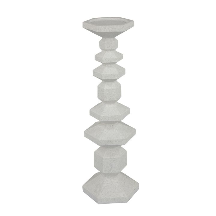 Tabletop Pillar Candle Stand, Stacked Geometric Shapes, White Resin 18 Inch