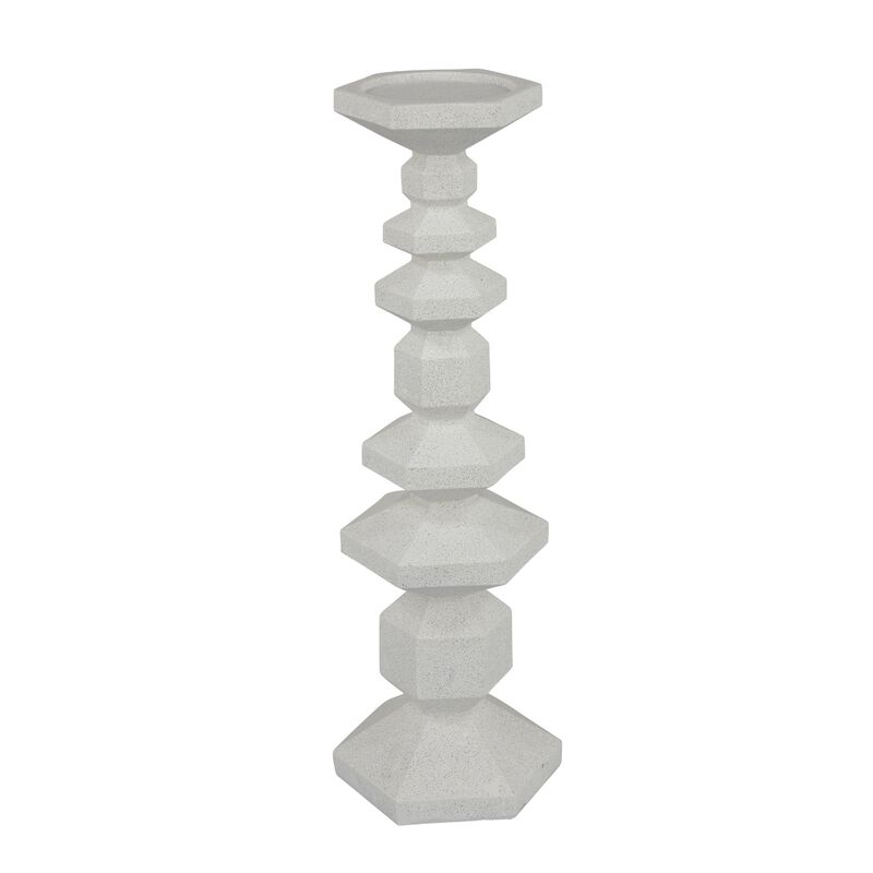 Tabletop Pillar Candle Stand, Stacked Geometric Shapes, White Resin 18 Inch image number 0