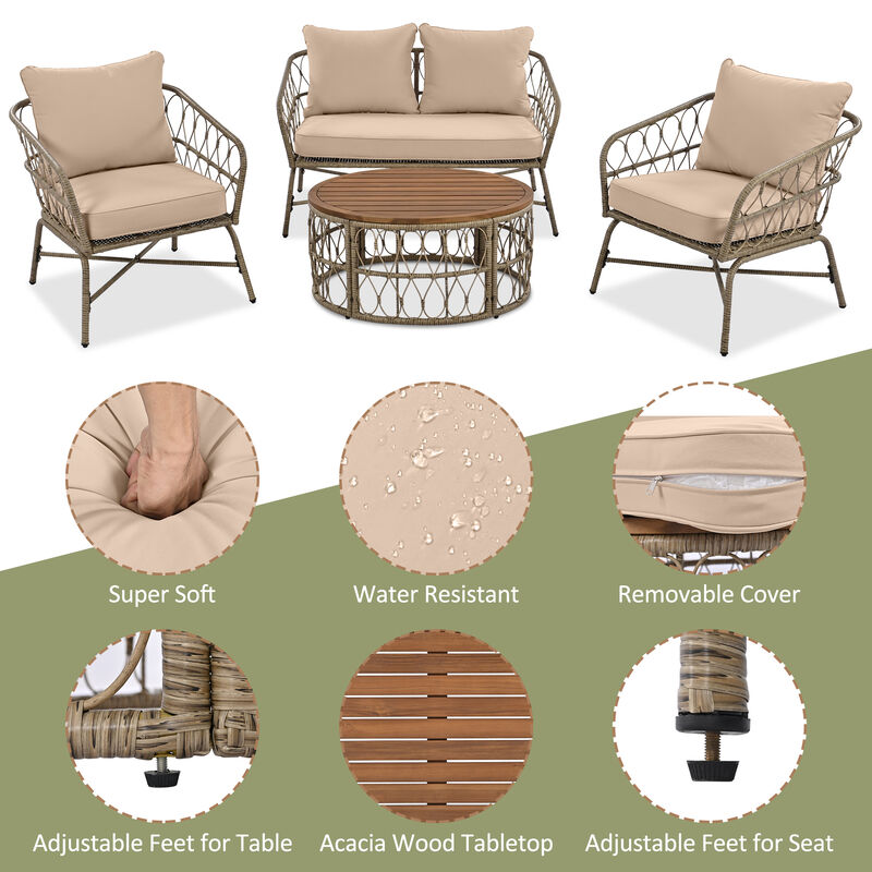 Whisen Bohemia-inspired Outdoor Seating Group With Removable Cushions, Conversation Patio Set With Wood Tabletop
