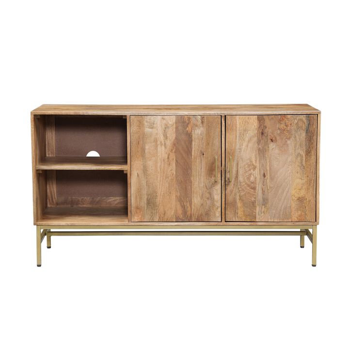 Lysa 50 Inch Sideboard Buffet Cabinet with Open Shelves, Gold Iron Base, Natural Brown Mango Wood