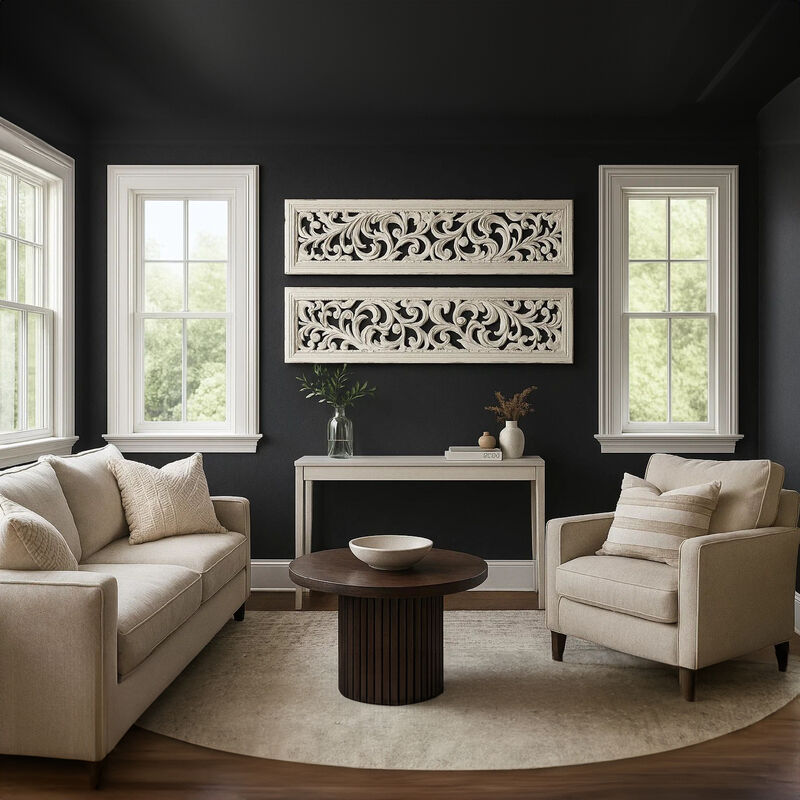 Ozy Carved Wall Art Panel Set of 2, Handcrafted Distressed White Mango Wood, 50 Inch Tall