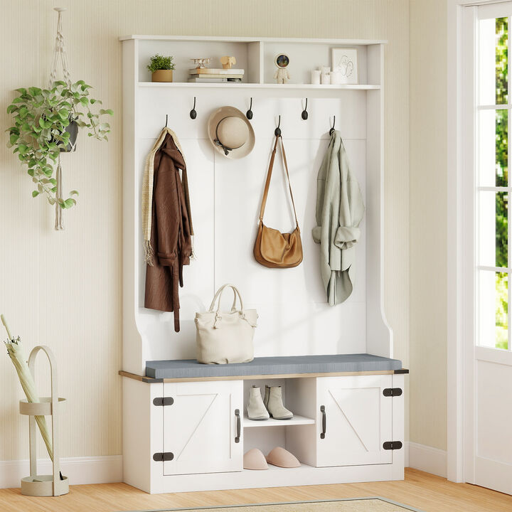 Tall Coat Rack with Cushioned Bench and Shoe Storage for Entryway-White